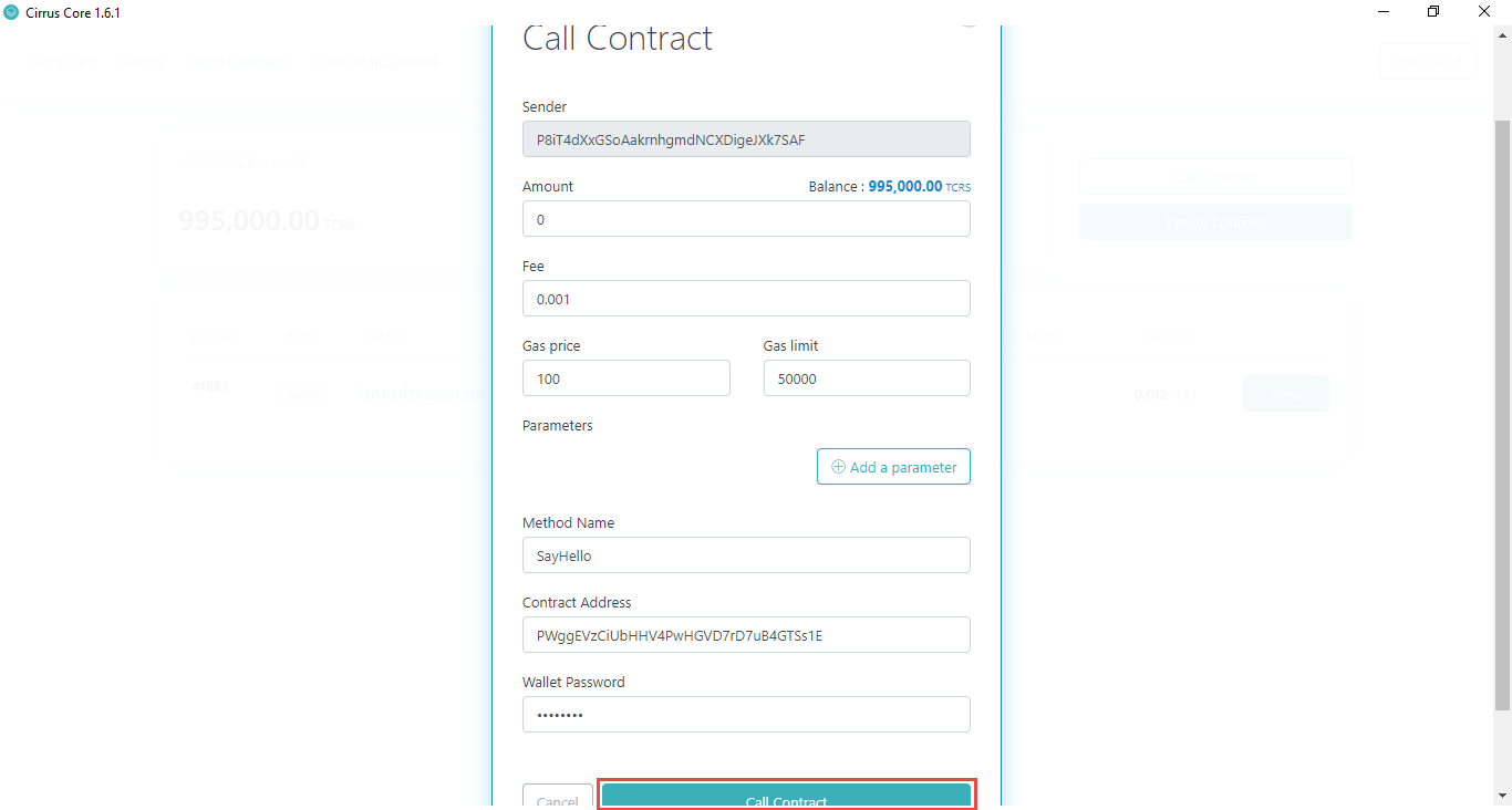 Calling Contract from Cirrus Core Private Net Wallet